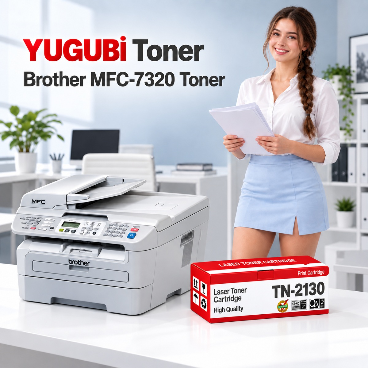Brother MFC-7320 Muadil Toner 2.6K, TN-2130 kırmızı-beyaz toner kutusu ve Brother yazıcılı beyaz modern çalışma masalı ofis sahnesi