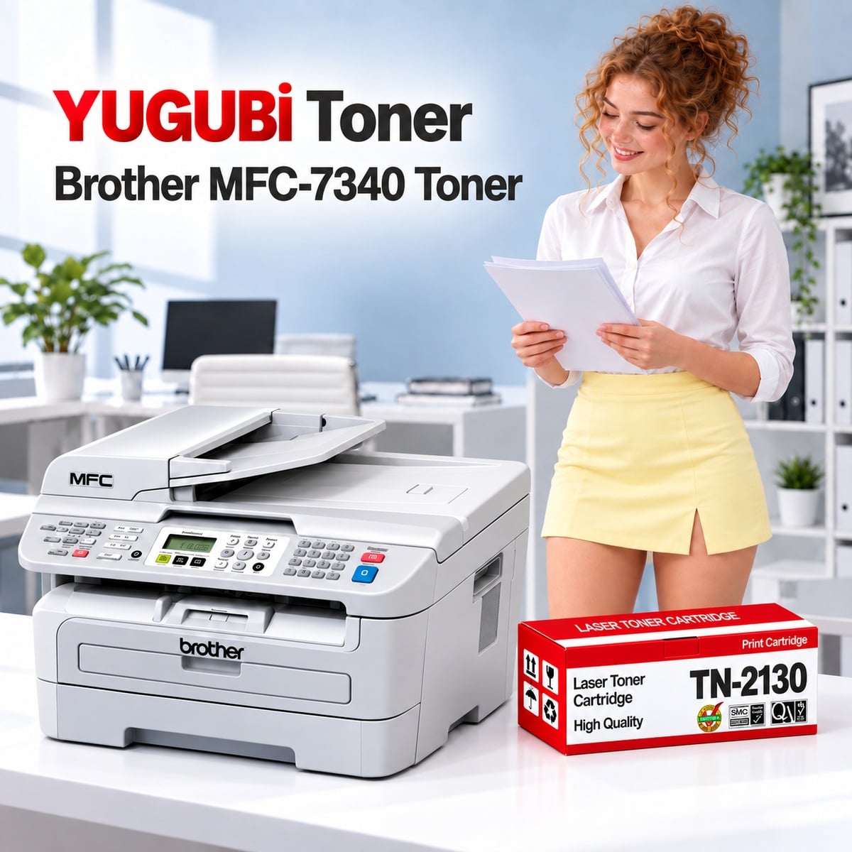 Brother MFC-7340 Muadil Toner 2.6K, TN-2130 kırmızı-beyaz toner kutusu ve Brother yazıcılı beyaz modern çalışma masalı ofis sahnesi