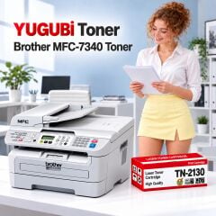 Brother MFC-7340 Muadil Toner 2.6K, TN-2130 kırmızı-beyaz toner kutusu ve Brother yazıcılı beyaz modern çalışma masalı ofis sahnesi