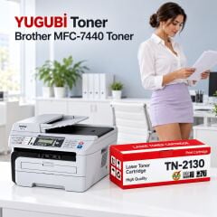 Brother MFC-7440 Muadil Toner 2.6K, TN-2130 kırmızı-beyaz toner kutusu ve Brother yazıcılı beyaz modern çalışma masalı ofis sahnesi
