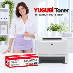 HP LaserJet P2014 53A Q7553A muadil toner, kırmızı-beyaz kutu ve ofis kullanım sahnesi
