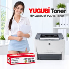 HP LaserJet P2015 49A Q5949A muadil toner, kırmızı-beyaz kutu ve ofis kullanım sahnesi