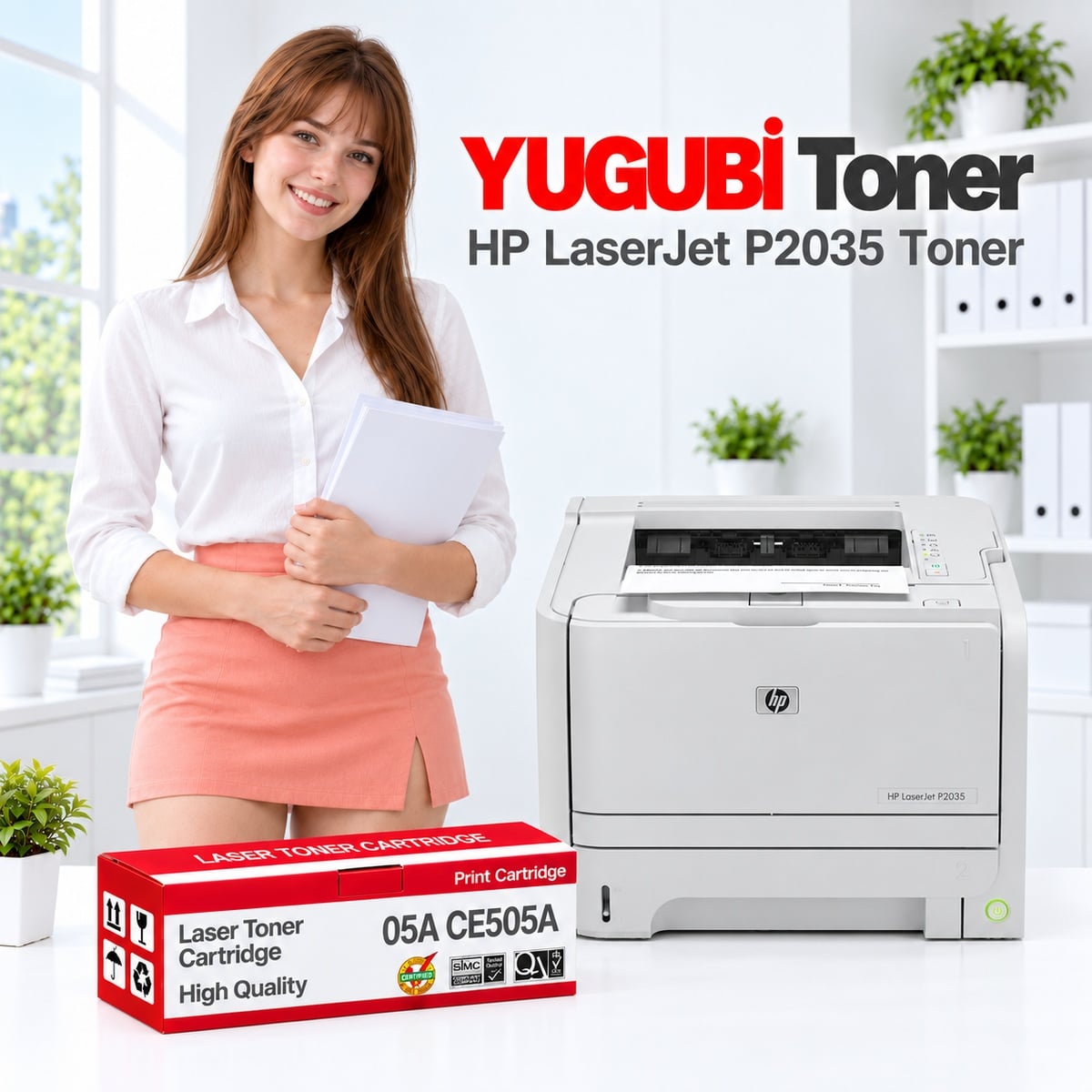 HP LaserJet P2035 05A CE505A muadil toner, kırmızı-beyaz kutu ve ofis kullanım sahnesi