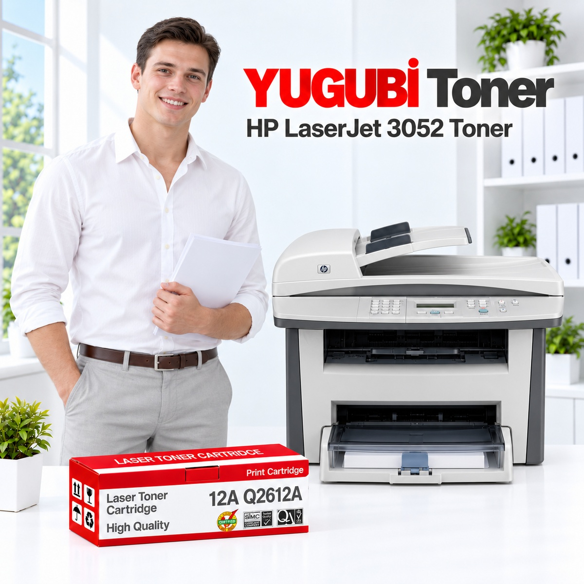 HP LaserJet 3052 12A Q2612A muadil toner, kırmızı-beyaz kutu ve ofis kullanım sahnesi
