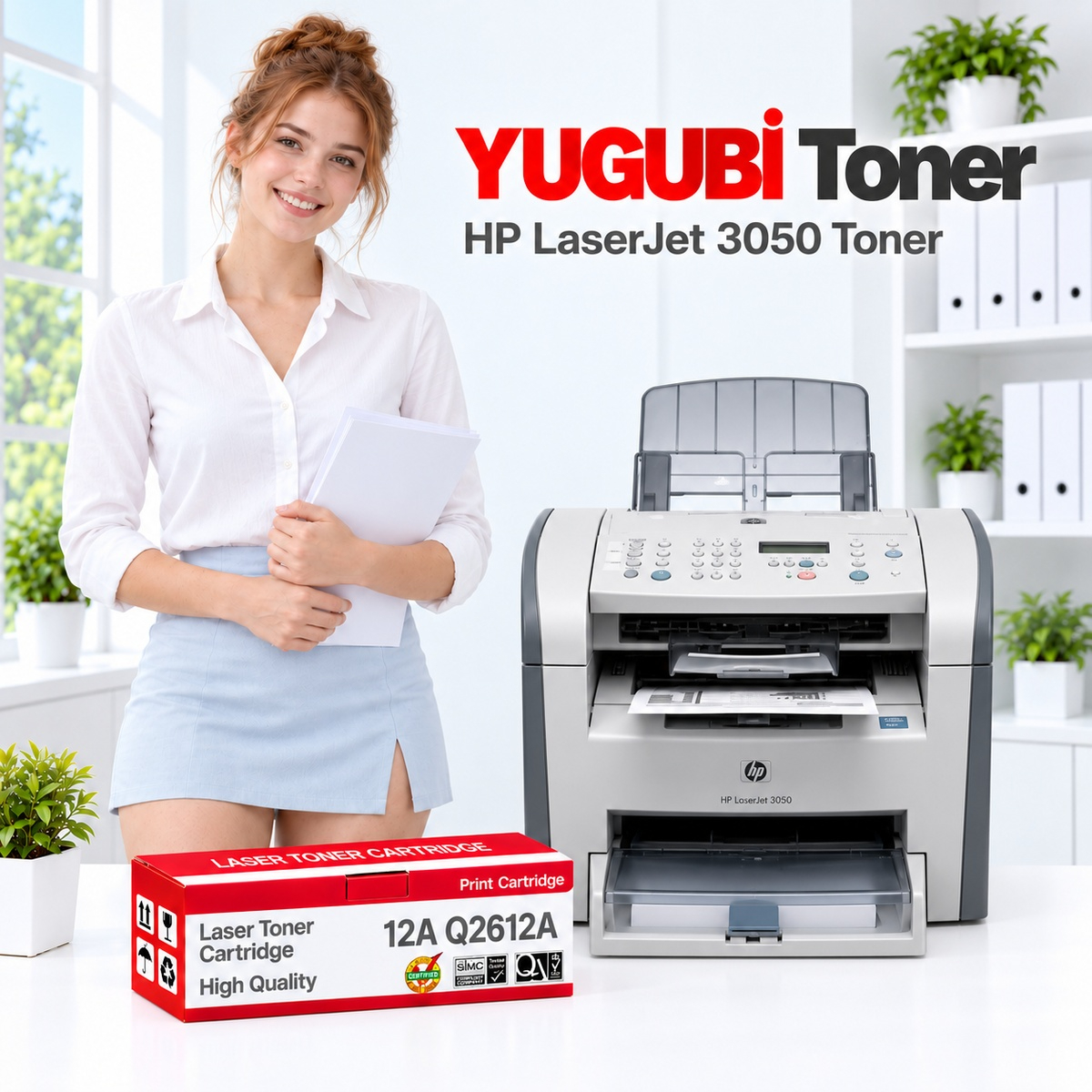 HP LaserJet 3050 12A Q2612A muadil toner, kırmızı-beyaz kutu ve ofis kullanım sahnesi