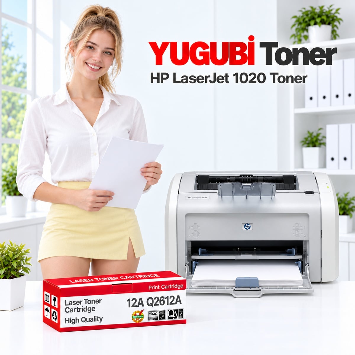 HP LaserJet 1020 12A Q2612A muadil toner, kırmızı-beyaz kutu ve ofis kullanım sahnesi
