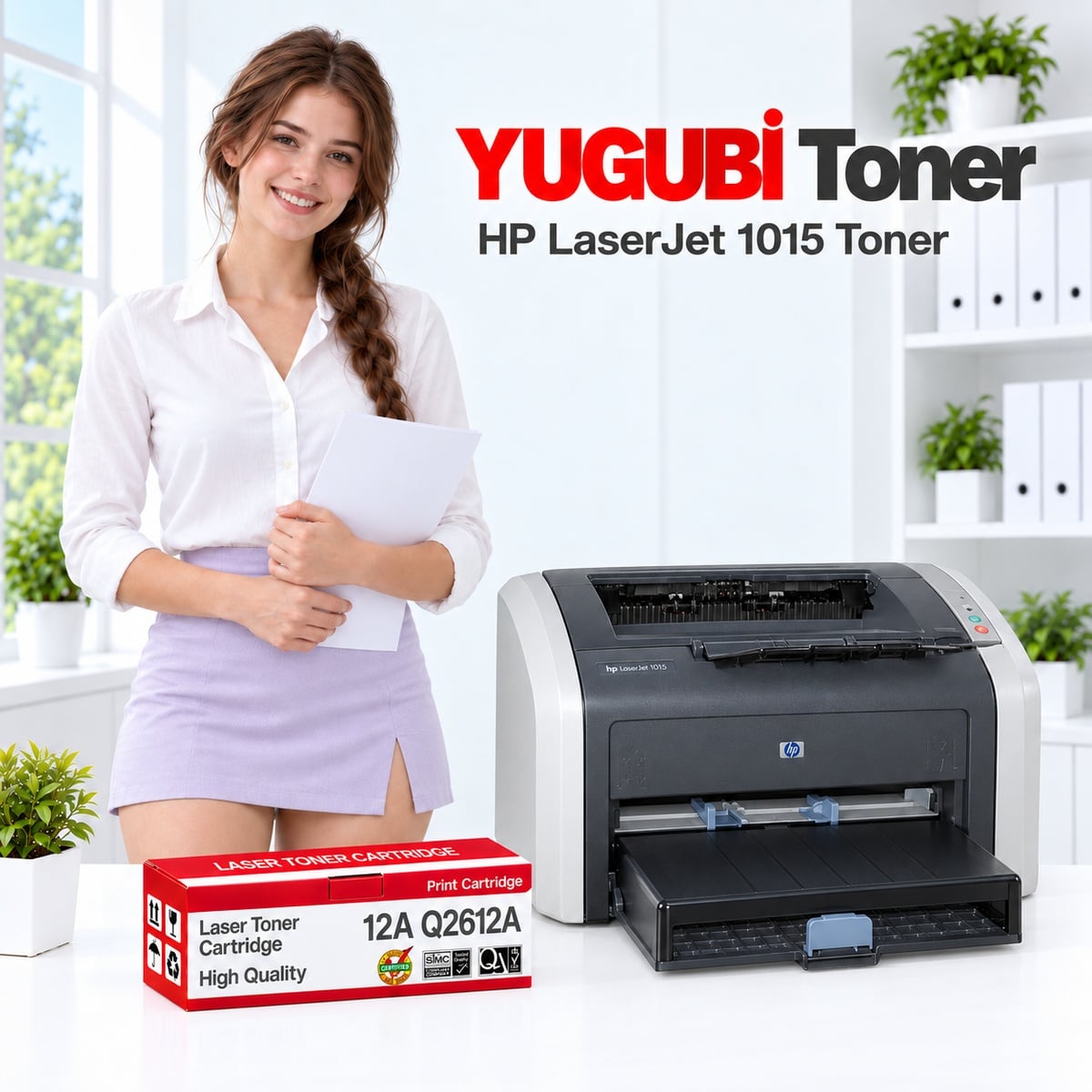 HP LaserJet 1015 12A Q2612A muadil toner, kırmızı-beyaz kutu ve ofis kullanım sahnesi