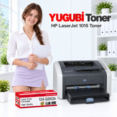 HP LaserJet 1015 12A Q2612A muadil toner, kırmızı-beyaz kutu ve ofis kullanım sahnesi