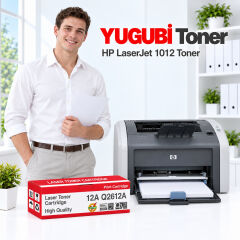 HP LaserJet 1012 12A Q2612A muadil toner, kırmızı-beyaz kutu ve ofis kullanım sahnesi
