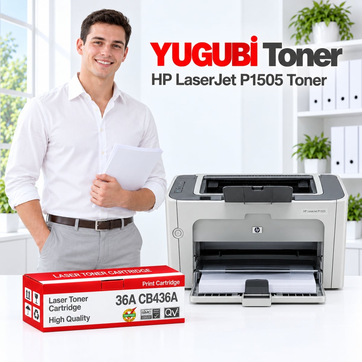 HP LaserJet P1505 36A CB436A muadil toner, kırmızı-beyaz kutu ve ofis kullanım sahnesi
