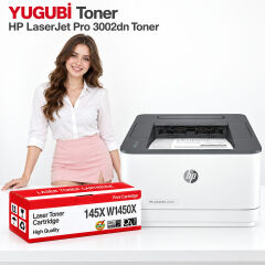HP LaserJet Pro 3002dn 145X W1450X muadil toner, kırmızı-beyaz kutu ve ofis kullanım sahnesi