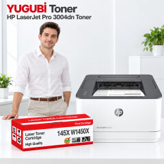 HP LaserJet Pro 3004dn 145X W1450X muadil toner, kırmızı-beyaz kutu ve ofis kullanım sahnesi