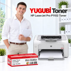 HP LaserJet Pro P1102 85A CE285A muadil toner, kırmızı-beyaz kutu ve ofis kullanım sahnesi