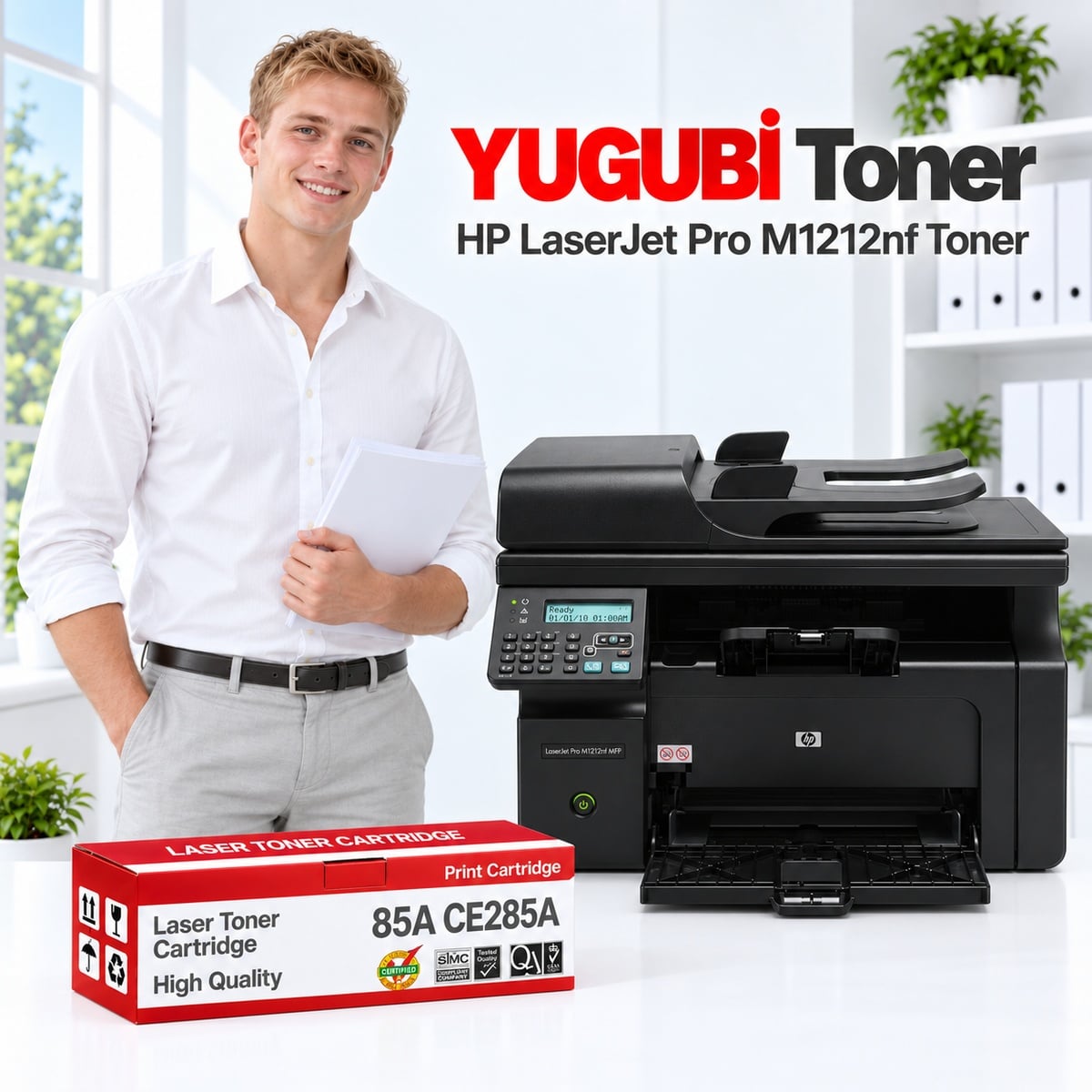 HP LaserJet Pro M1212nf 85A CE285A muadil toner, kırmızı-beyaz kutu ve ofis kullanım sahnesi