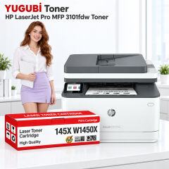 HP LaserJet Pro MFP 3101fdw 145X W1450X muadil toner, kırmızı-beyaz kutu ve ofis kullanım sahnesi