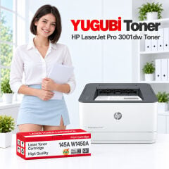 HP LaserJet Pro 3001dw 145A W1450A çipli muadil toner, kırmızı-beyaz kutu ve ofis kullanım sahnesi