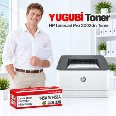 HP LaserJet Pro 3002dn 145A W1450A çipli muadil toner, kırmızı-beyaz kutu ve ofis kullanım sahnesi