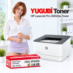HP LaserJet Pro 3002dw 145A W1450A çipli muadil toner, kırmızı-beyaz kutu ve ofis kullanım sahnesi