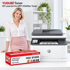 HP LaserJet Pro MFP 3104fdw 145X W1450X muadil toner, kırmızı-beyaz kutu ve ofis kullanım sahnesi