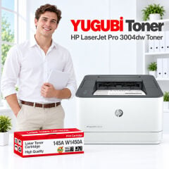 HP LaserJet Pro 3004dw 145A W1450A çipli muadil toner, kırmızı-beyaz kutu ve ofis kullanım sahnesi
