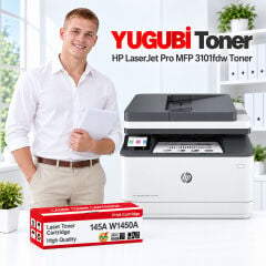 HP LaserJet Pro MFP 3101fdw 145A W1450A çipli muadil toner, kırmızı-beyaz kutu ve ofis kullanım sahnesi
