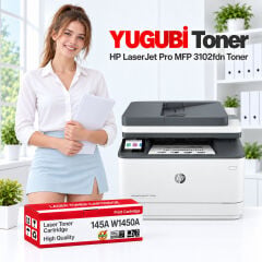 HP LaserJet Pro MFP 3102fdn 145A W1450A çipli muadil toner, kırmızı-beyaz kutu ve ofis kullanım sahnesi
