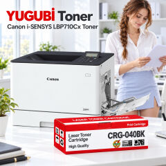 Canon i-SENSYS LBP710Cx yazıcı önünde CRG-040BK çipli siyah muadil toner kutusu, modern beyaz ofiste YUGUBİ Toner