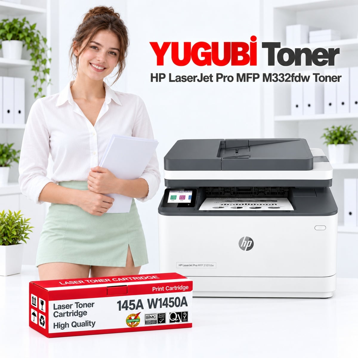 HP LaserJet Pro MFP M332fdw 145A W1450A çipli muadil toner, kırmızı-beyaz kutu ve ofis kullanım sahnesi