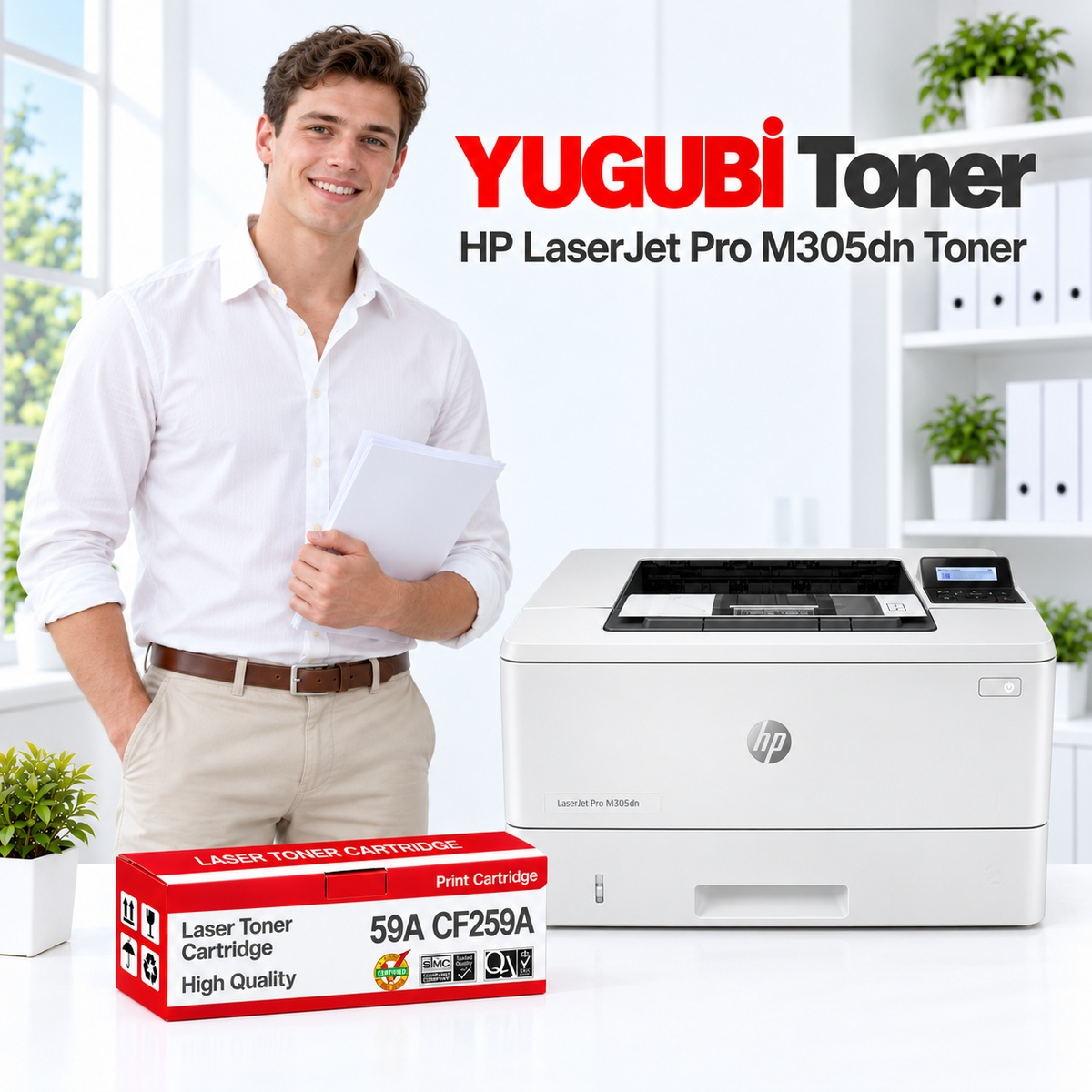 HP LaserJet Pro M305dn 59A CF259A çipli muadil toner, kırmızı-beyaz kutu ve ofis kullanım sahnesi