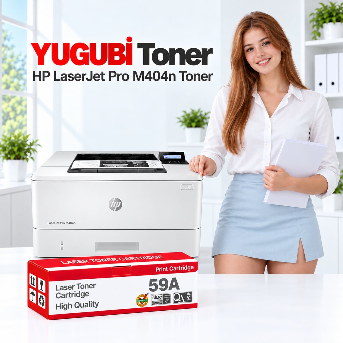 HP LaserJet Pro M404n 59A CF259A muadil toner, kırmızı-beyaz kutu ve ofis kullanım sahnesi