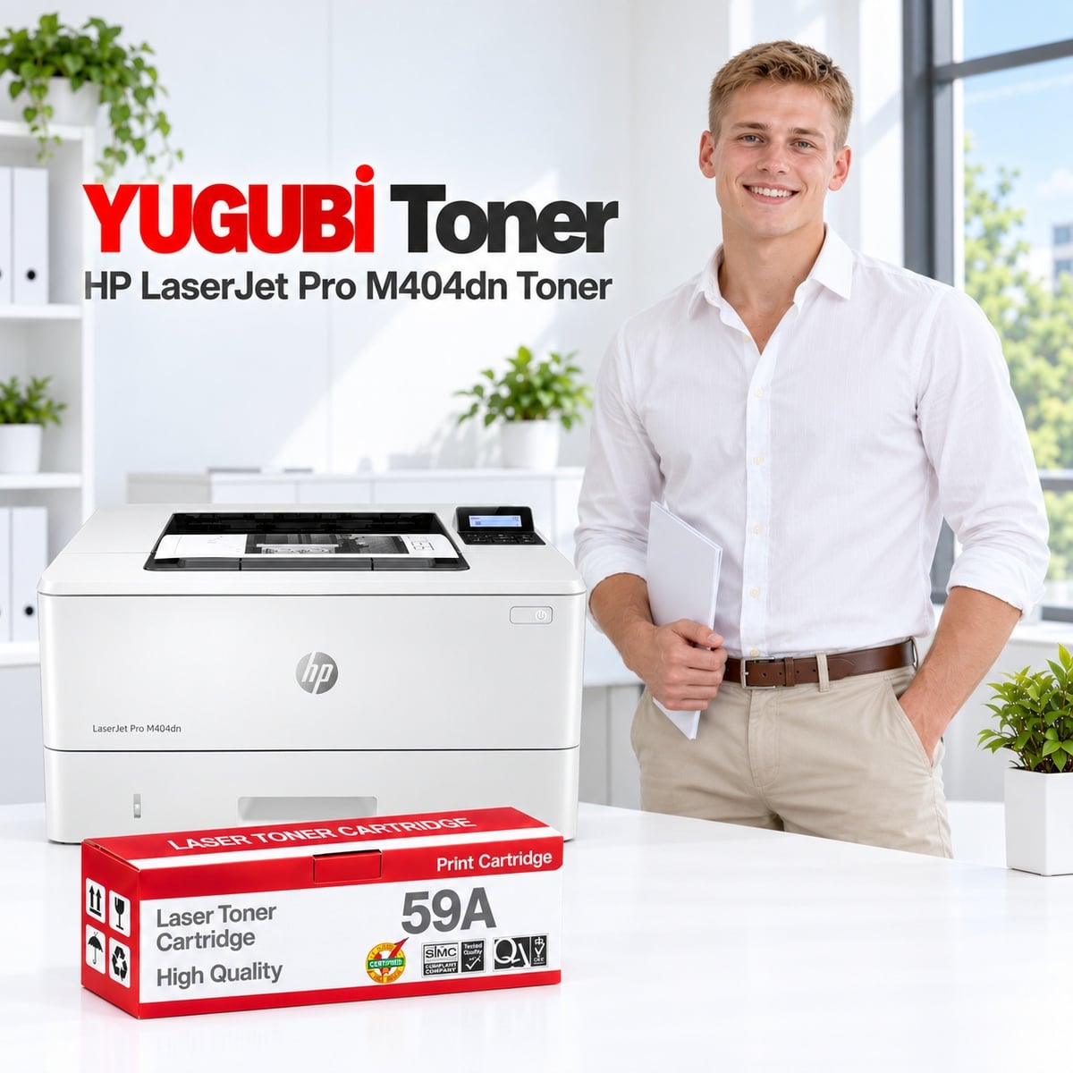 HP LaserJet Pro M404dn 59A CF259A muadil toner, kırmızı-beyaz kutu ve ofis kullanım sahnesi