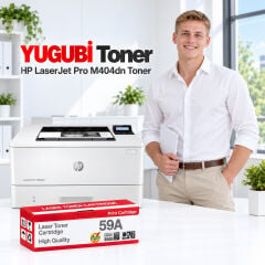HP LaserJet Pro M404dn 59A CF259A muadil toner, kırmızı-beyaz kutu ve ofis kullanım sahnesi