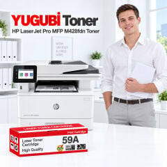 HP LaserJet Pro MFP M428fdn 59A CF259A muadil toner, kırmızı-beyaz kutu ve ofis kullanım sahnesi