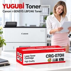 Canon i-SENSYS LBP246 CRG-070H Çipsiz Muadil Toner 10.2K, CRG-070H kırmızı-beyaz toner kutusu önde ve Canon i-SENSYS LBP246 yazıcılı beyaz modern ofis sahnesi