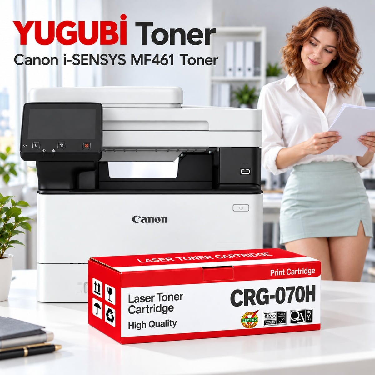 Canon i-SENSYS MF461 CRG-070H Çipsiz Muadil Toner 10.2K, CRG-070H kırmızı-beyaz toner kutusu önde ve Canon i-SENSYS MF461 yazıcılı beyaz modern ofis sahnesi