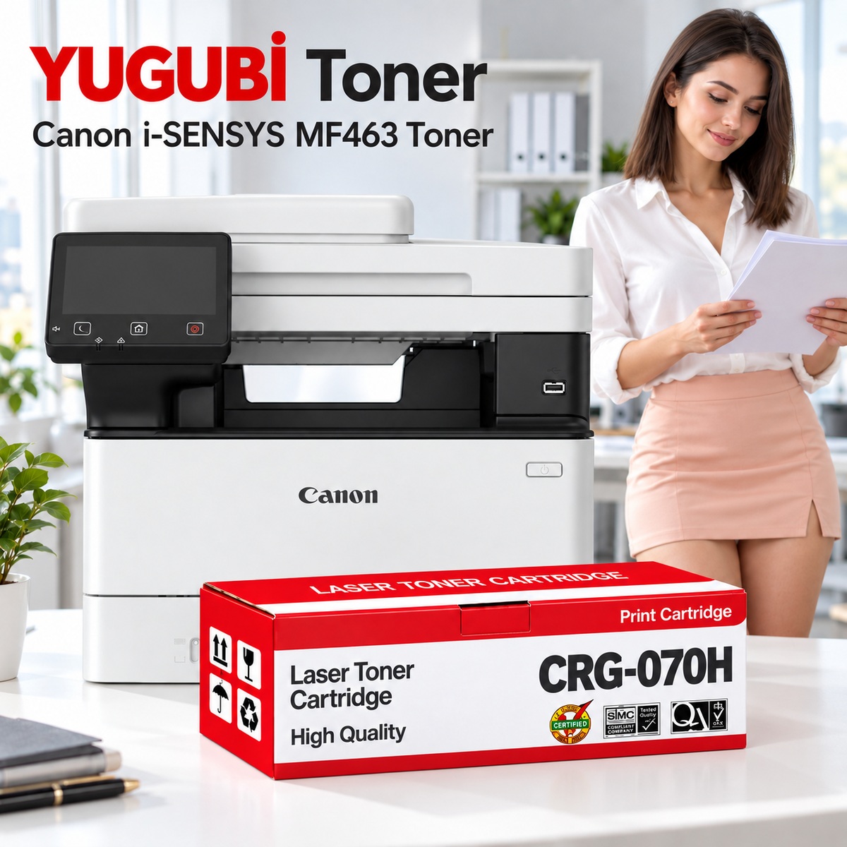 Canon i-SENSYS MF463 CRG-070H Çipsiz Muadil Toner 10.2K, CRG-070H kırmızı-beyaz toner kutusu önde ve Canon i-SENSYS MF463 yazıcılı beyaz modern ofis sahnesi