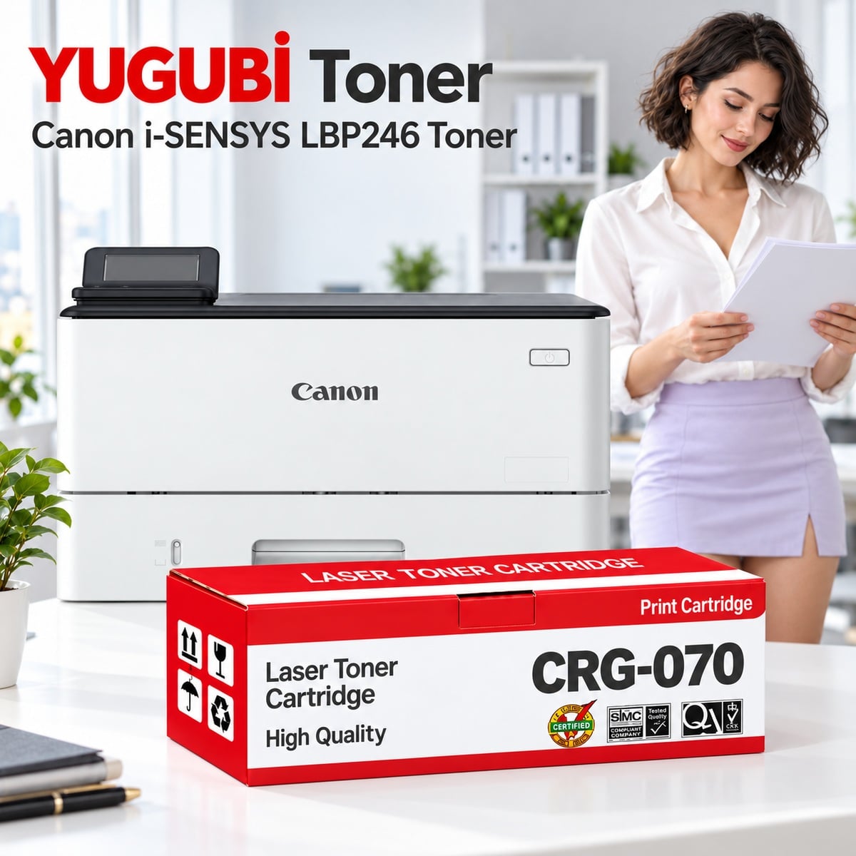 Canon i-SENSYS LBP246 CRG-070 Çipli Muadil Toner 3K, CRG-070 kırmızı-beyaz toner kutusu önde ve Canon i-SENSYS LBP246 yazıcılı beyaz modern ofis sahnesi