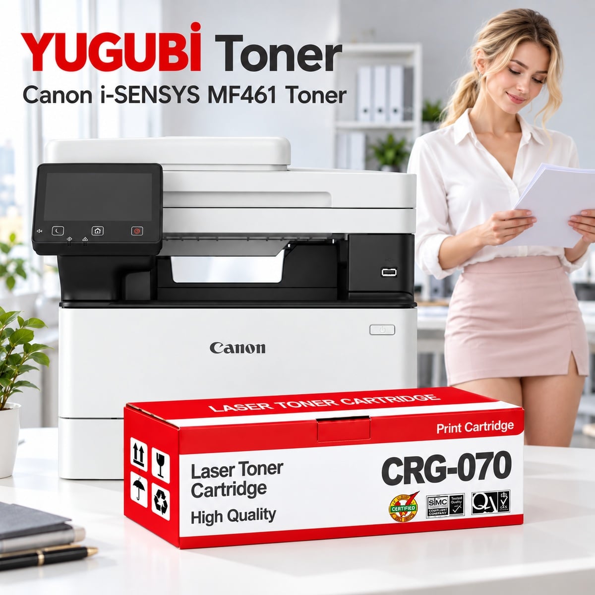 Canon i-SENSYS MF461 CRG-070 Çipli Muadil Toner 3K, CRG-070 kırmızı-beyaz toner kutusu önde ve Canon i-SENSYS MF461 yazıcılı beyaz modern ofis sahnesi