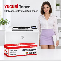 HP LaserJet Pro M404dn 59X CF259X çipli muadil toner, kırmızı-beyaz kutu ve ofis kullanım sahnesi