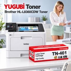 Brother HL-L8360CDW Muadil Toner, TN-461 kırmızı-beyaz toner kutusu önde ve Brother yazıcılı beyaz modern çalışma masalı ofis sahnesi
