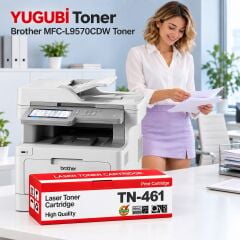 Brother MFC-L9570CDW Muadil Toner, TN-461 kırmızı-beyaz toner kutusu önde ve Brother yazıcılı beyaz modern çalışma masalı ofis sahnesi