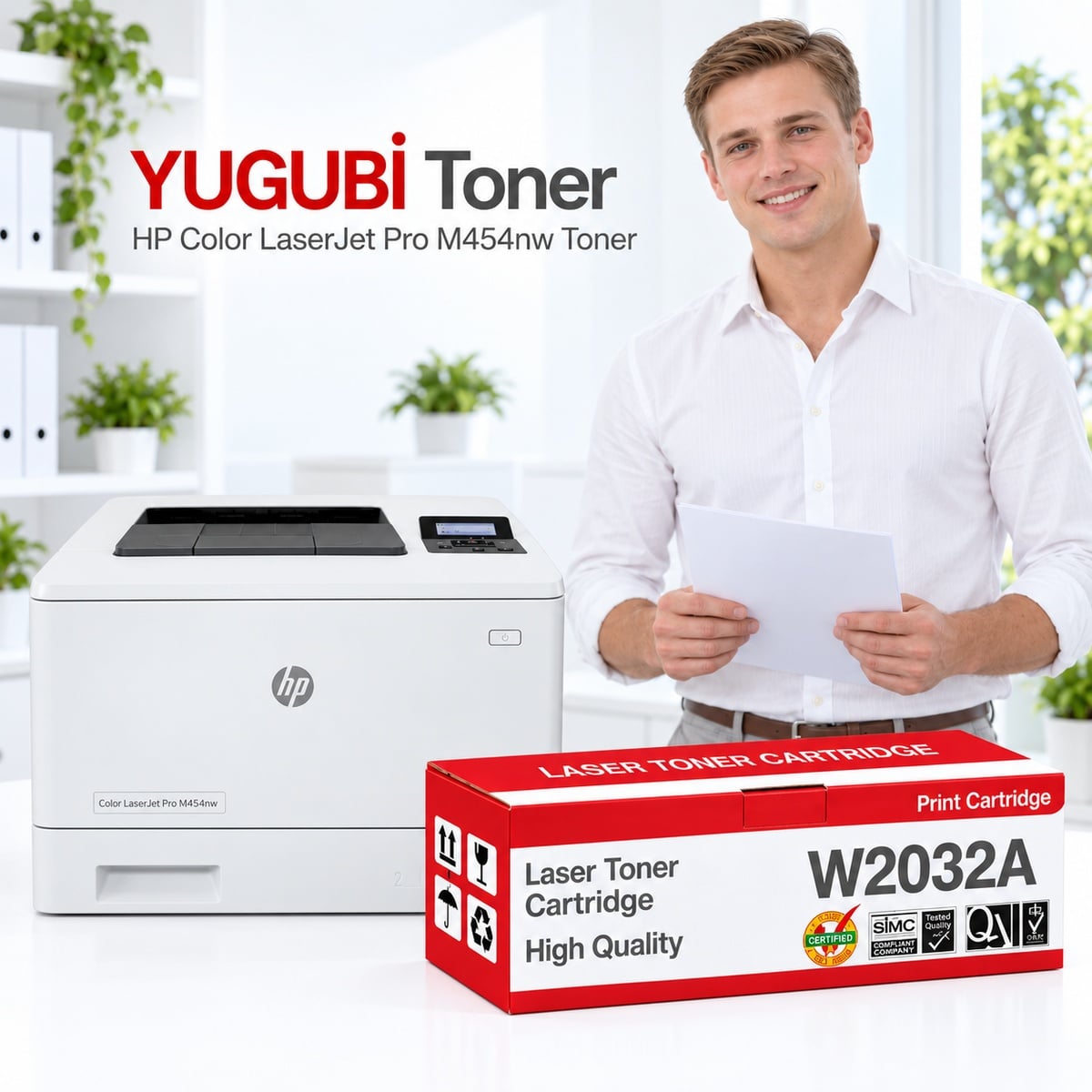 HP Color LaserJet Pro M454nw yazıcı ve YUGUBİ W2032A çipsiz sarı muadil toner kutusu