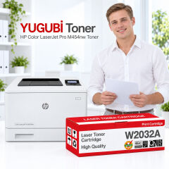 HP Color LaserJet Pro M454nw yazıcı ve YUGUBİ W2032A çipsiz sarı muadil toner kutusu