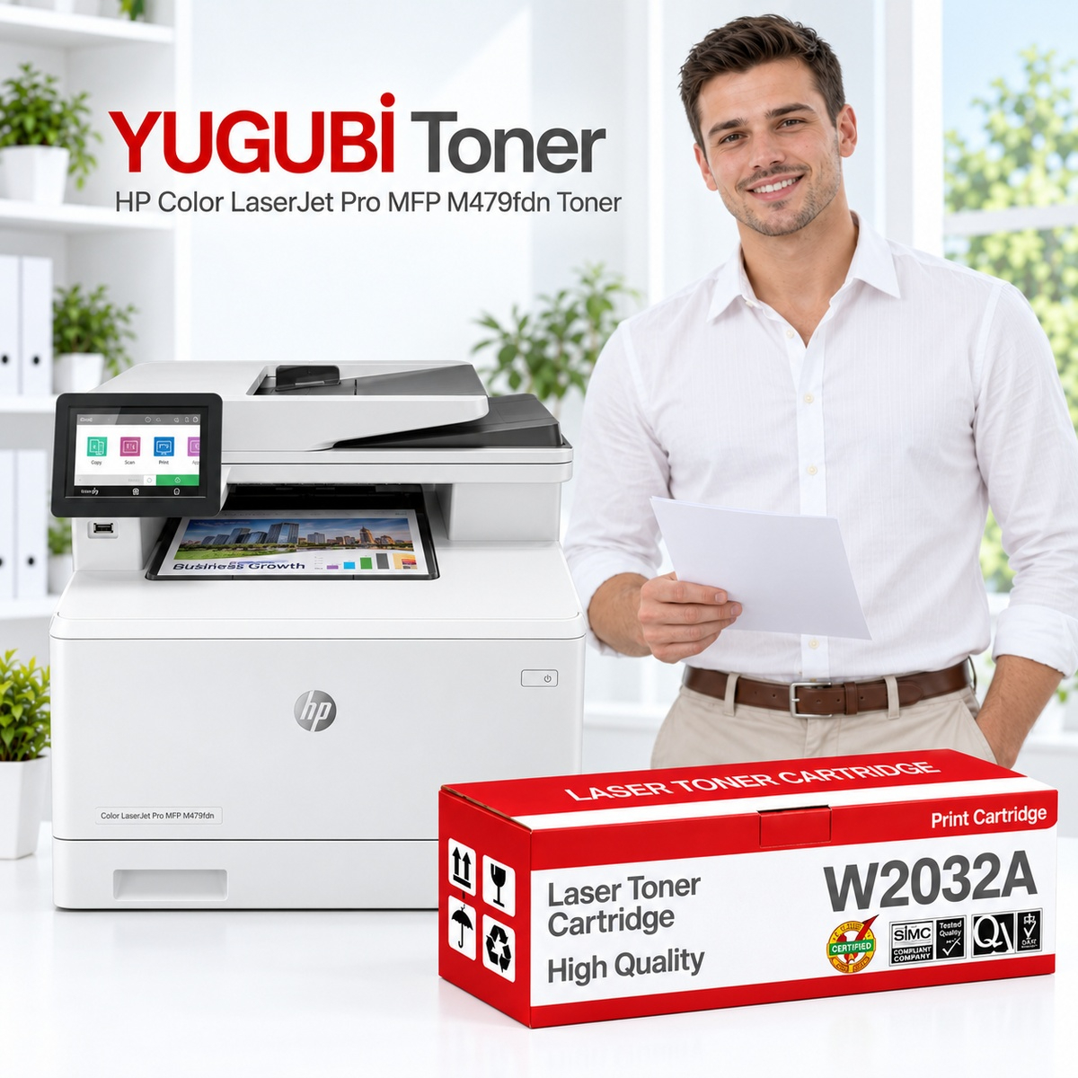 HP Color LaserJet Pro MFP M479fdn yazıcı ve YUGUBİ W2032A çipsiz sarı muadil toner kutusu