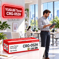 Canon CRG-052H Muadil Toner 9K, kırmızı-beyaz kutu ve neon tabelalı ofis sahnesi