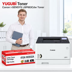 Canon i-SENSYS LBP663Cdw 415A W2032A çipsiz sarı muadil toner, kırmızı-beyaz kutu ve ofis kullanım sahnesi