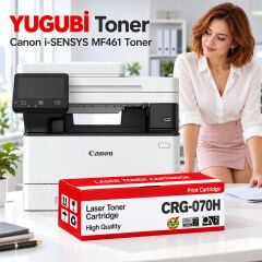 Canon i-SENSYS MF461 Çipli Muadil Toner, CRG-070H kırmızı-beyaz toner kutusu önde ve Canon i-SENSYS MF461 yazıcılı beyaz modern ofis sahnesi