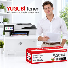 HP Color LaserJet Pro MFP M479dw yazıcı ve YUGUBİ W2031A çipsiz mavi muadil toner kutusu