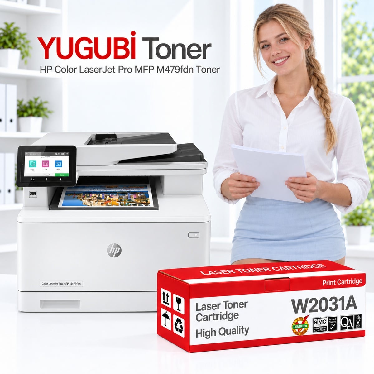 HP Color LaserJet Pro MFP M479fdn yazıcı ve YUGUBİ W2031A çipsiz mavi muadil toner kutusu