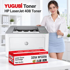 HP LaserJet 408 331A W1331A çipli muadil toner, kırmızı-beyaz kutu ve ofis kullanım sahnesi